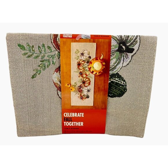 Celebrate Fall Together Pumpkin Tapestry Table Runner 36" Autumn Thanksgiving - Picture 1 of 3